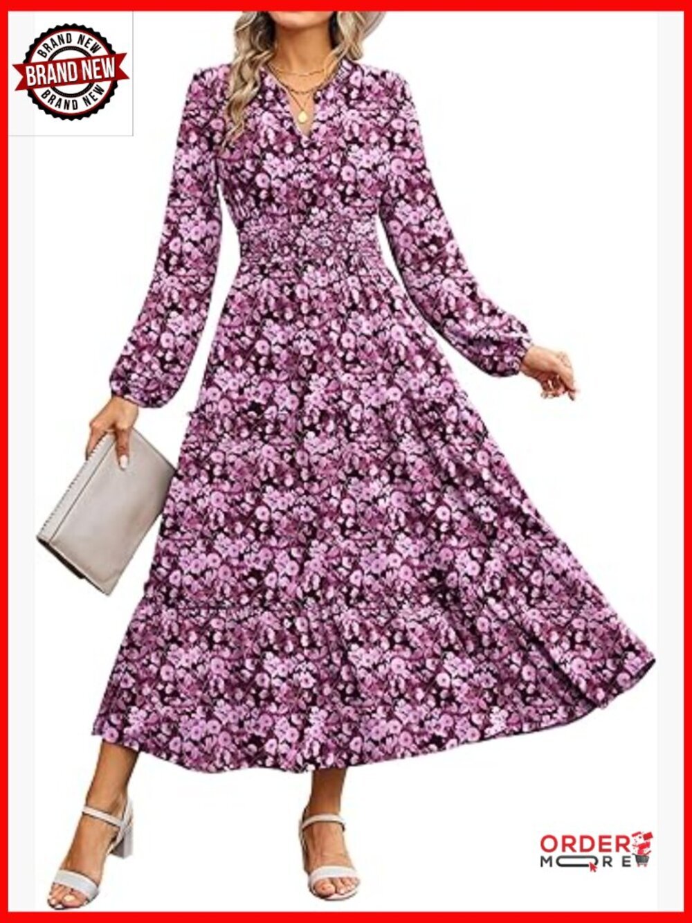 Long Sleeve Midi Dress, Boho Floral A Line Dress with Pocket